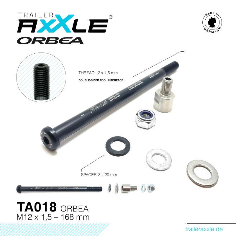 Radoxx Trailer Axxle TA018 adapteraksel til Orbea Alma 2021–2024 med M12 × 1,5-gjenge og original aksellengde på 168 mm
