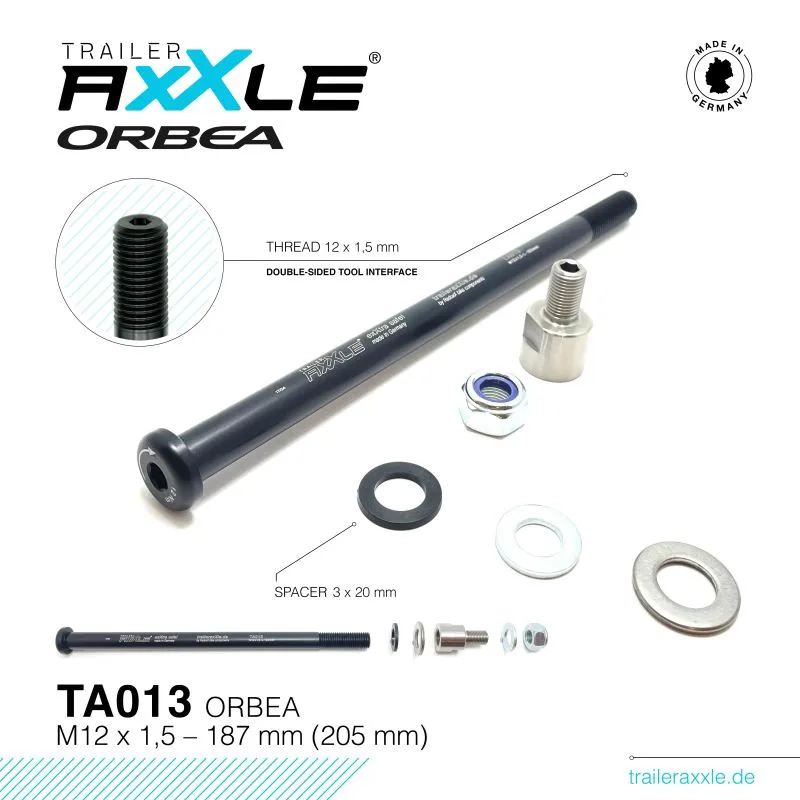 Radoxx Trailer Axxle TA013 adapteraksel til sykkelvogn på Orbea Rise, Occam og Wild med M12 × 1,5-gjenge og original aksellengde på 187 mm