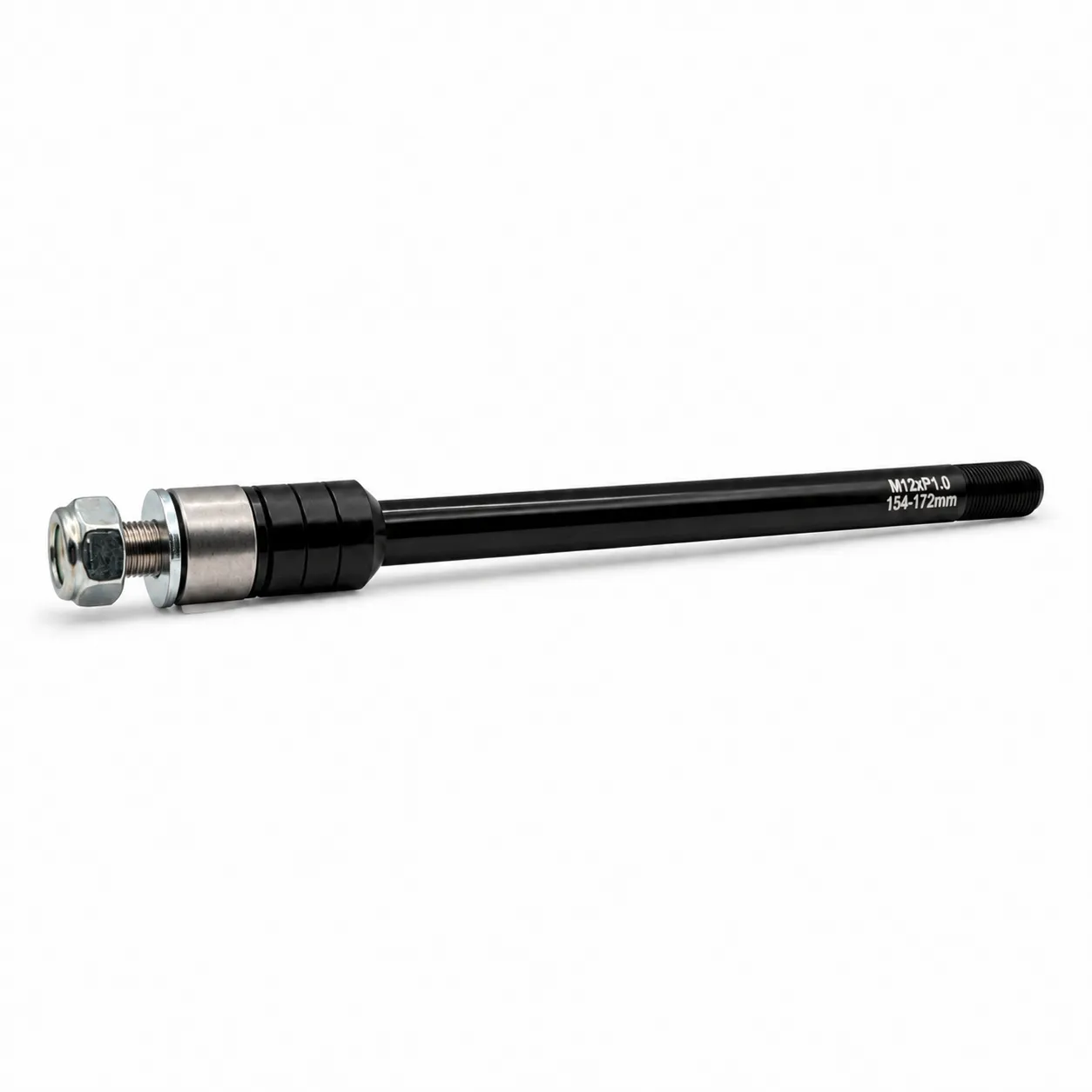 M12x1.0 thru axle-adapter til sykkelvogn, komplett med låsemutter og tilpasningsskiver.