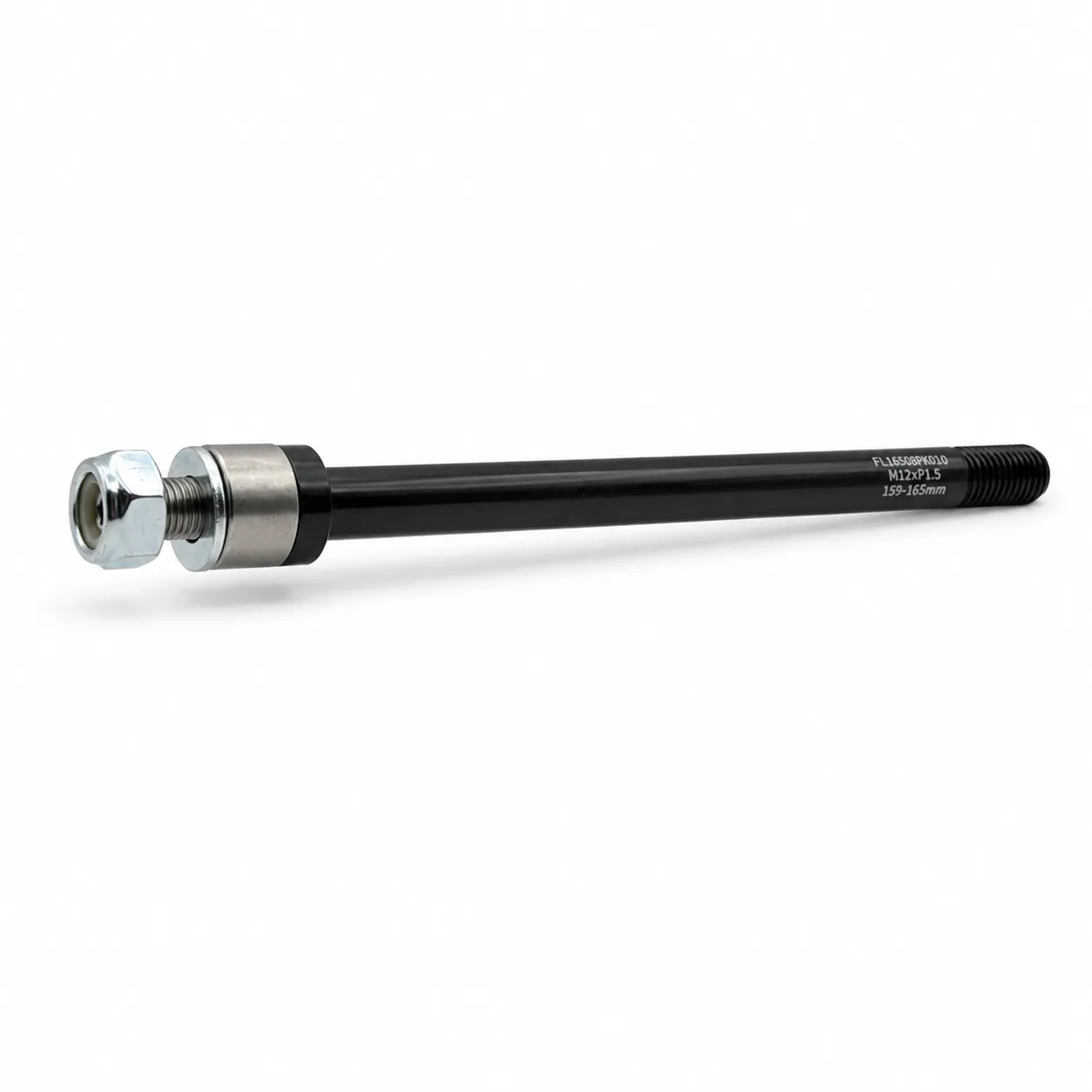 M12x1.5 thru axle-adapter til sykkelvogn, 159–165 mm, komplett med låsemutter og tilpasningsskiver.