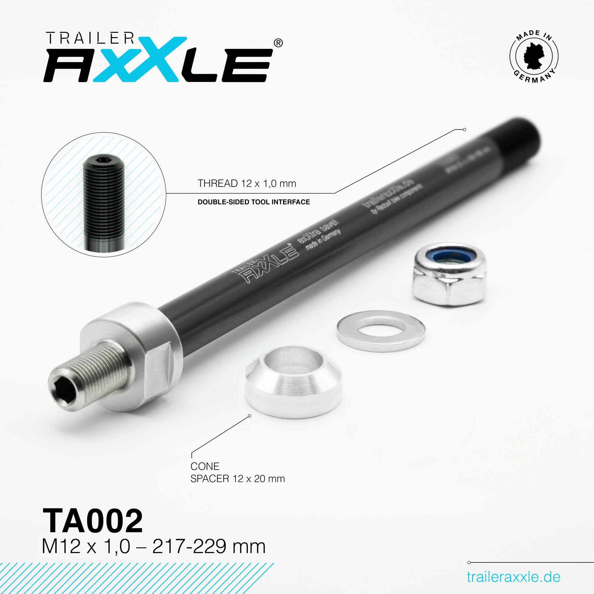 Radoxx Trailer Axxle TA002 adapter til sykkelvogn og fatbike med M12 × 1,0-gjenge, lengde 217–229 mm og spacer