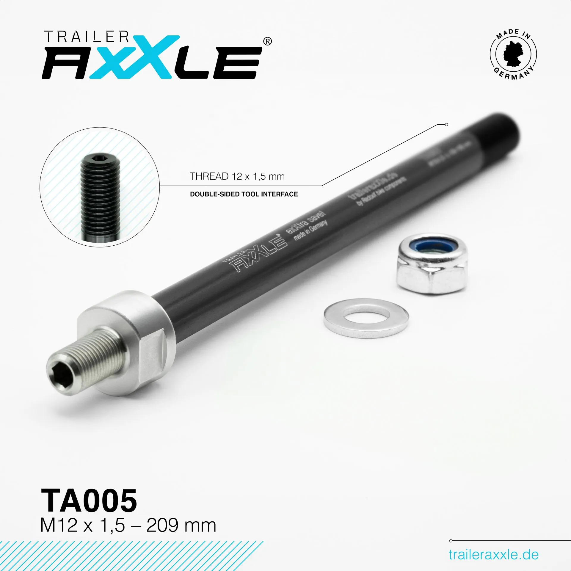 Radoxx Trailer Axxle TA005 M12 × 1,5, 209 mm – adapter til sykkelvogn og fatbike