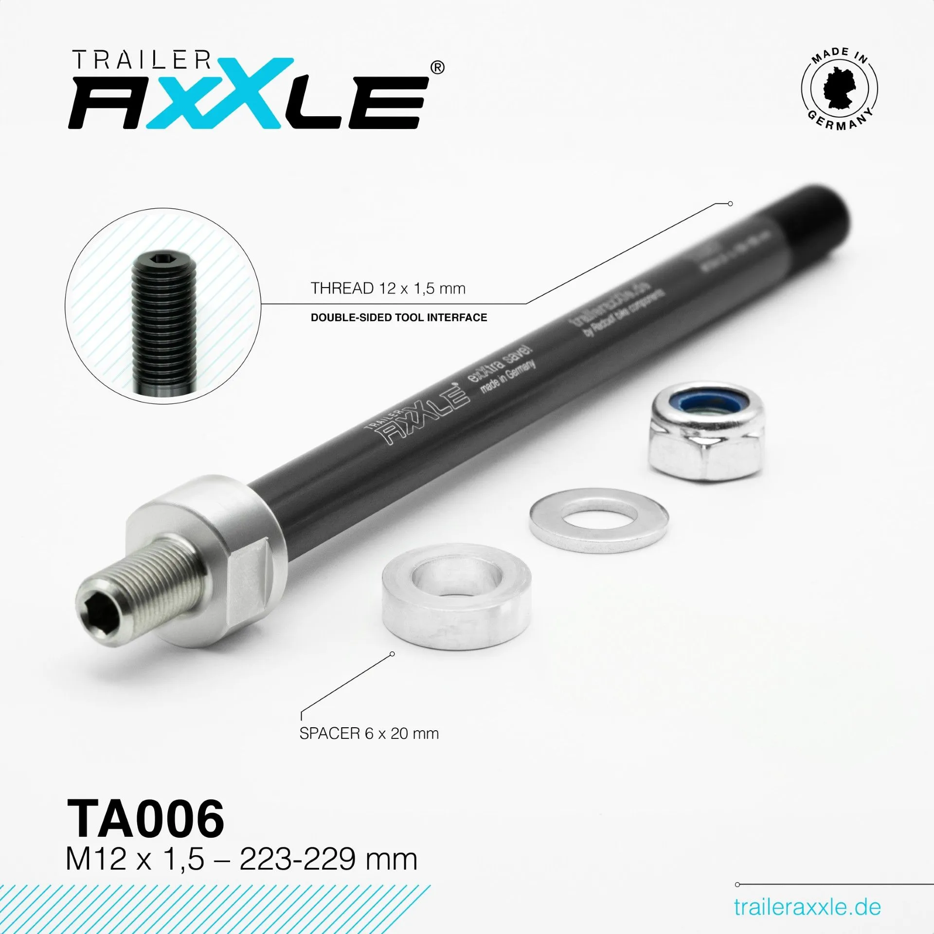 Radoxx Trailer Axxle TA006 adapter til sykkelvogn og fatbike med M12 × 1,5-gjenge og spacere for aksellengde 223–229 mm