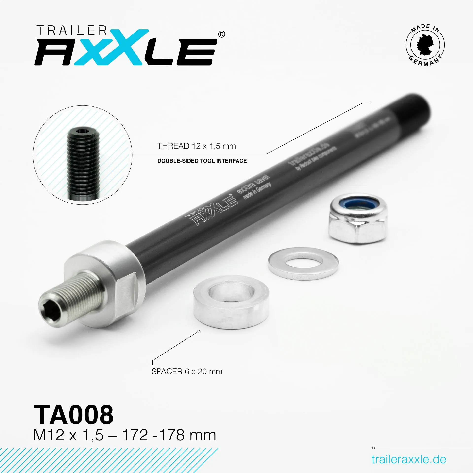 Radoxx Trailer Axxle TA008 M12 × 1,5, 172–178 mm – adapter til sykkelvogn med spacere