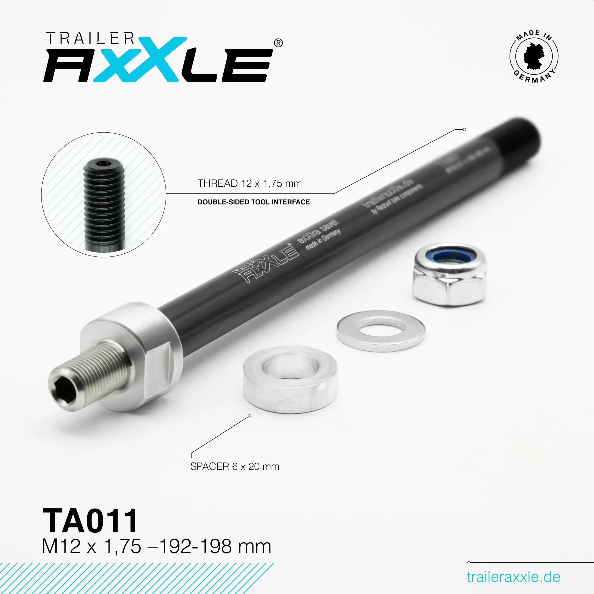 Radoxx Trailer Axxle TA011 adapter til sykkelvogn og fatbike med M12 × 1,75-gjenge og spacere for aksellengde 192–198 mm