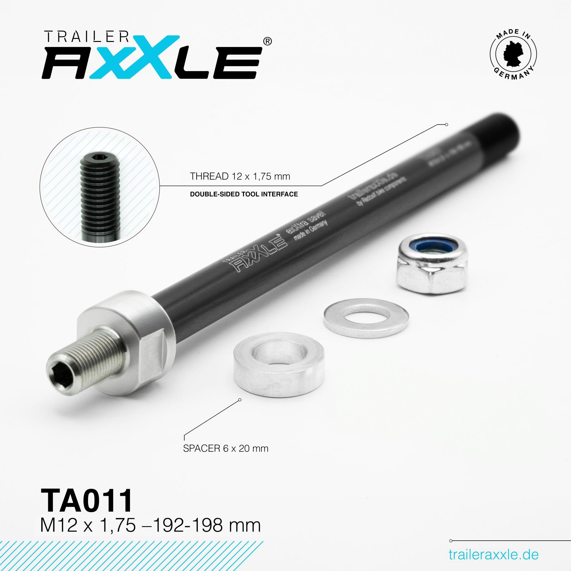 Radoxx Trailer Axxle TA011 adapter til sykkelvogn og fatbike med M12 × 1,75-gjenge og spacere for aksellengde 192–198 mm