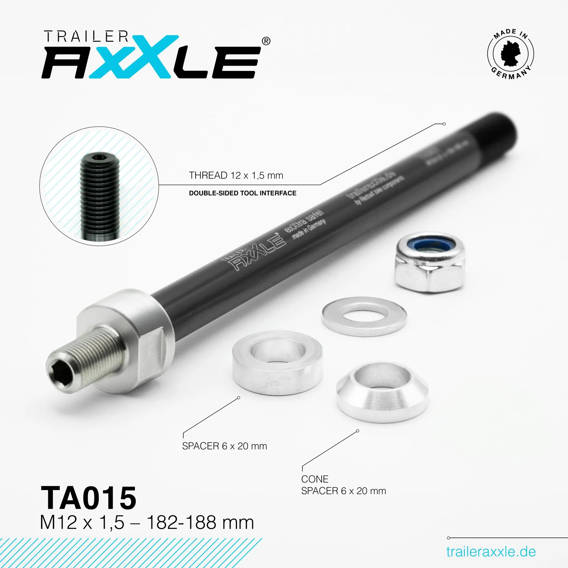 Radoxx Trailer Axxle TA015 adapter til sykkelvogn med M12 × 1,5-gjenge og spacere for aksellengde 182–188 mm