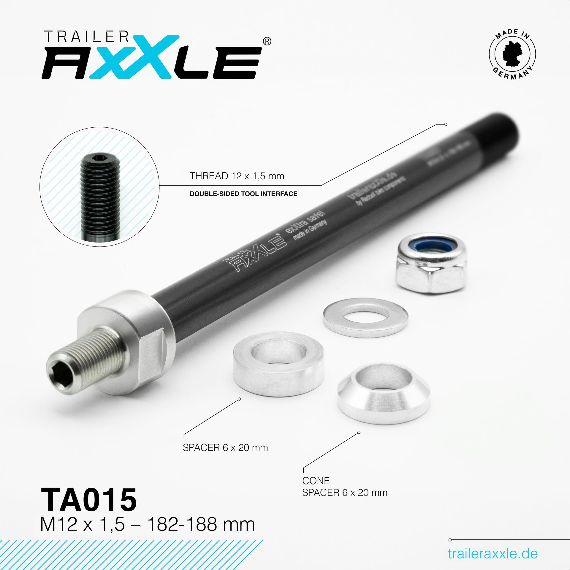 Radoxx Trailer Axxle TA015 adapter til sykkelvogn med M12 × 1,5-gjenge og spacere for aksellengde 182–188 mm